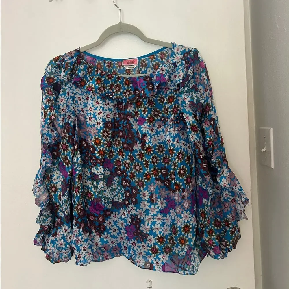 Kate Spade Pacific Petals Chiffon Floral Blouse 100% Silk